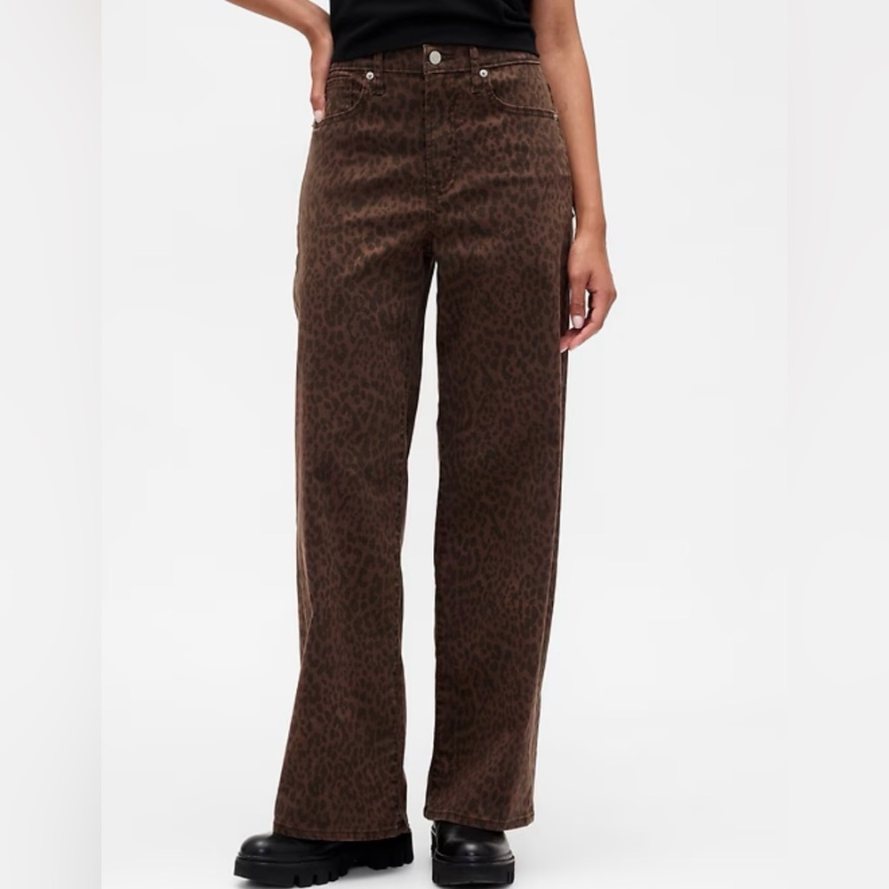 GAP Brown Leopard-Print Wide Leg Jeans